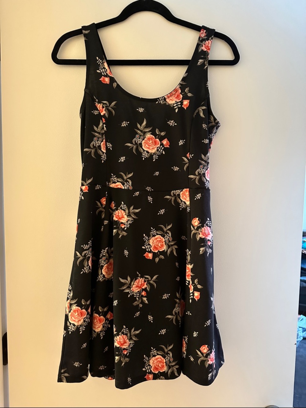 H&M Black Mini Dress with Pink Rose Print